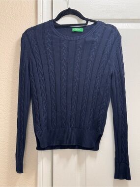 United Colors of Benetton Navy Blue Cable-Knit Crewneck Sweater – Size XS